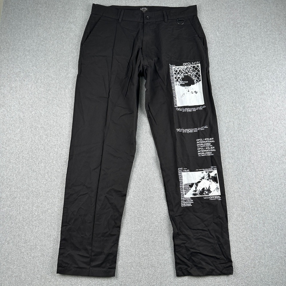boohooMAN Trousers Mens Medium Regular Black Graphic Print Streetwear